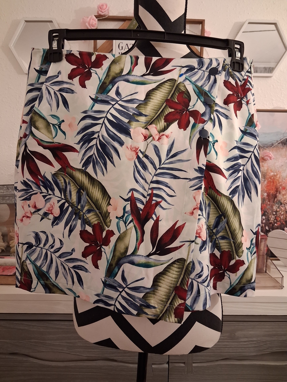 Lady Hagen White Tropical Wrap Skirt with Red & Green Floral Print